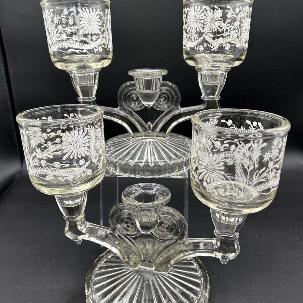 Jeannette Cosmos Candle Triple Candlestick with Votive Holders Clear Glass, Pair